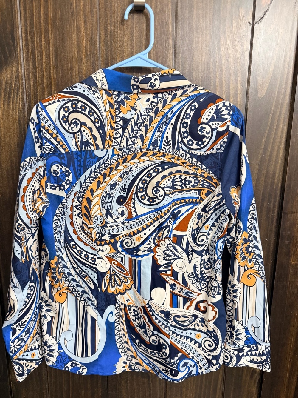 Chico's Blue, Navy & Orange Paisley Button-Front Blouse - Picture 6 of 7
